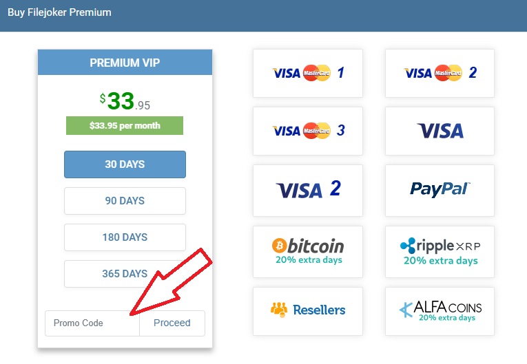 Screenshot showing the promo code field location on FileJoker
